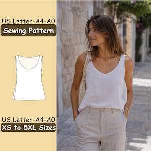 May include: A white sleeveless tank top with a scoop neckline shown as a technical line drawing and worn by a model. The image includes text stating US Letter-A4-A0 Sewing Pattern and US Letter-A4-A0 XS to 5XL Sizes on a light yellow background.
