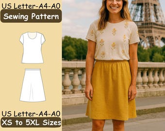 Patrón de costura para conjunto de camisa y falda de verano, PDF fácil, conjunto a juego DIY, apto para principiantes, descarga instantánea, tallas XS a 5XL