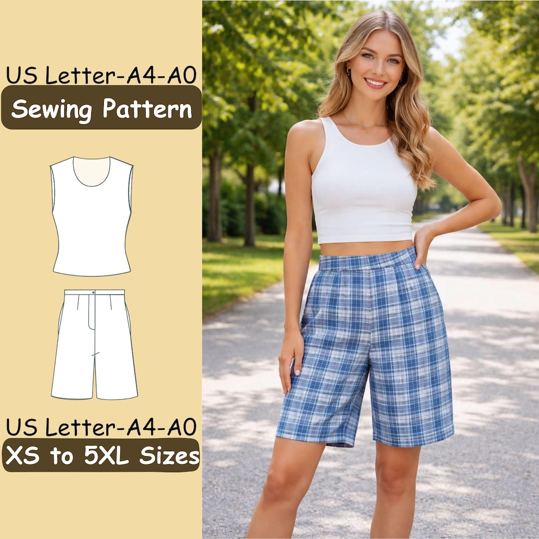 Women Summer Outfit Sewing Pattern, Crop Top and Bermuda Shorts Set ...