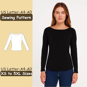 Könnte beinhalten: Ein schwarzes Langarmshirt mit U-Boot-Ausschnitt. Das Bild enthält auch eine Nähmaschinenmuster-Illustration und den Text "US Letter-A4-A0 Sewing Pattern" und "XS to 5XL Sizes".