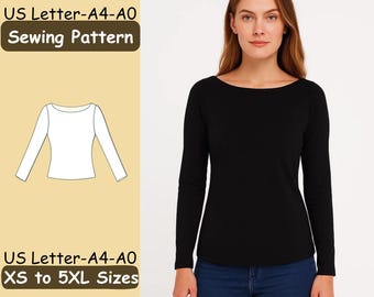 May include: A black long-sleeve shirt with a boat neck is shown. The image also includes a sewing pattern illustration and text that reads "US Letter-A4-A0 Sewing Pattern" and "XS to 5XL Sizes".