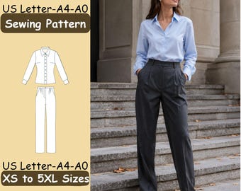 May include: A sewing pattern for a long-sleeve button-down shirt and trousers, featuring text US Letter-A4-A0 Sewing Pattern and US Letter-A4-A0 XS to 5XL Sizes. The illustration shows a light blue shirt and dark gray trousers with a front button placket.