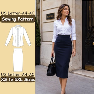 Op de afbeelding: Een naaipatroon voor een overhemd met lange mouwen en een kokerrok met hoge taille. De tekst luidt US Letter-A4-A0 Sewing Pattern en US Letter-A4-A0 XS to 5XL Sizes. De illustratie toont een wit overhemd en een donkerblauwe kokerrok.