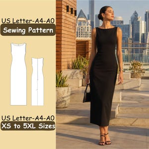 Op de afbeelding: Een zwarte mouwloze midi-jurk met een boothals en een getailleerd silhouet. De afbeelding bevat de tekst US Letter-A4-A0 Sewing Pattern en US Letter-A4-A0 XS to 5XL Sizes, naast een witte lijntekening van de voor- en achterkant van de jurk.