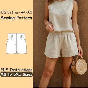 May include: A beige linen shorts and top set. The sleeveless top has a round neckline and button closure. The shorts have a high waist and pleats. The image also includes a sewing pattern with the text "US Letter-A4-A0 Sewing Pattern" and "PDF Instructions XS to 5XL Sizes."