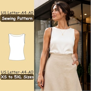 Puede incluir: Un patrón de costura para una blusa sin mangas con cuello barco, con el texto US Letter-A4-A0 Sewing Pattern y US Letter-A4-A0 XS to 5XL Sizes. El patrón incluye un dibujo lineal blanco de la blusa sobre un fondo amarillo claro.