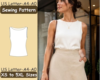 May include: A sewing pattern for a sleeveless top with a boat neckline, featuring text that reads US Letter-A4-A0 Sewing Pattern and US Letter-A4-A0 XS to 5XL Sizes. The pattern includes a white line drawing of the top on a light yellow background.