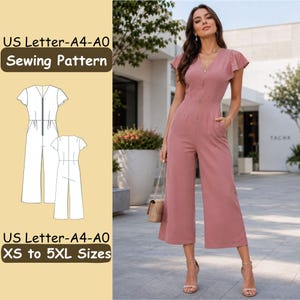 May include: A dusty rose jumpsuit with a front zipper, V-neckline, and flutter sleeves. The image includes a technical sewing pattern illustration with the text US Letter-A4-A0 Sewing Pattern and US Letter-A4-A0 XS to 5XL Sizes displayed on a light background.