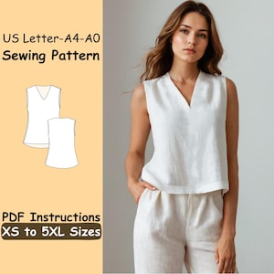 Patrón de costura de blusa de lino - Patrón de camiseta sin mangas con cuello en V - Patrón de blusa de verano para mujer - Patrón de costura de top corto sin mangas - Patrón de costura de top informal