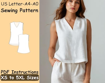 Linen Top Sewing Pattern - V Neck Tank Top Pattern - Women Summer Blouse Pattern - Sleeveless Crop Top Sewing Pattern - Casual Top Sewing