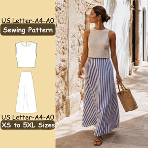 May include: A sewing pattern for a sleeveless crop top and a long skirt with vertical blue and white stripes. The pattern includes US Letter, A4, and A0 formats for sizes XS to 5XL. The image displays a technical line drawing and a finished garment.