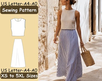 May include: A sewing pattern for a sleeveless crop top and a long skirt with vertical blue and white stripes. The pattern includes US Letter, A4, and A0 formats for sizes XS to 5XL. The image displays a technical line drawing and a finished garment.