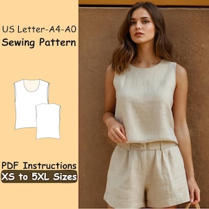 Tank Top Sewing Pattern - Linen Loose Top Beginner Pattern - Easy Shirt Sewing Instructions - Wome Loungewear Top Pattern