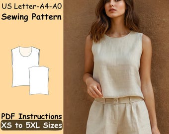 Tank Top Sewing Pattern - Linen Loose Top Beginner Pattern - Easy Shirt Sewing Instructions - Wome Loungewear Top Pattern