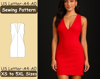Patrón de costura para vestido ajustado con escote en V, vestido ajustado sin mangas (PDF), patrón de vestido de cóctel para mujer, patrón de costura para minivestido (DIY), tallas XS a 5XL