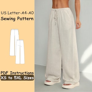 Elastic Wide Leg Pants Sewing Pattern, Long Loose Pants Pattern for Women, Palazzo Pants Sewing Instructions, Summer Linen Pants