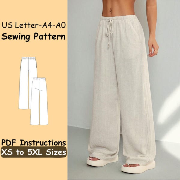 Elastic Wide Leg Pants Sewing Pattern, Long Loose Pants Pattern for Women, Palazzo Pants Sewing Instructions, Summer Linen Pants