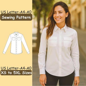 Op de afbeelding: Een wit overhemd met twee borstzakken. De afbeelding toont ook een naaipatroonillustratie van het overhemd en de tekst "US Letter-A4-A0 Sewing Pattern" en "XS to 5XL Sizes".