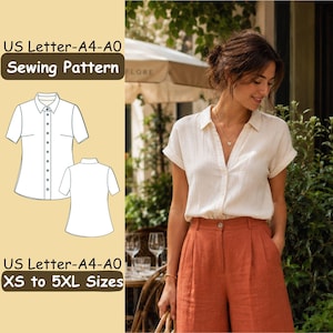 Peut inclure: Un patron de couture pour une chemise à manches courtes boutonnée avec col, présenté aux formats US Letter, A4 et A0 pour les tailles XS à 5XL. L'image montre un dessin technique de la chemise à côté d'une photographie du vêtement fini.