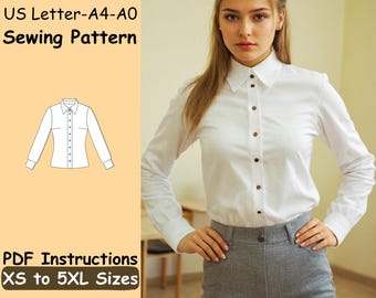 Girls Retro Shirt Sewing Pattern | Formal Long Sleeve Shirt PDF Pattern | Women White T Shirt with Buttons Pattern