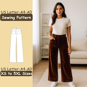 Puede incluir: Una mujer con una camiseta color crema y pantalones de pana marrones con bolsillos. La imagen también muestra un patrón de costura para pantalones de pierna ancha, con el texto "US Letter-A4-A0 Sewing Pattern" y "XS to 5XL Sizes."