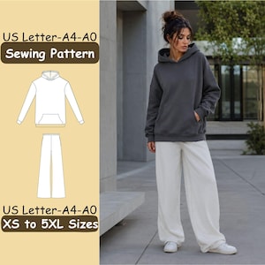 Puede incluir: Un patrón de costura para una sudadera con capucha y pantalones anchos, etiquetado US Letter-A4-A0 y XS to 5XL Sizes, con un dibujo técnico de las prendas junto a una fotografía de una sudadera gris oscuro y pantalones anchos blancos.