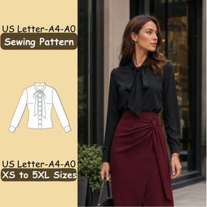 Bow Tie Blouse Sewing Pattern, Womens Office Top PDF, Elegant Workwear Shirt