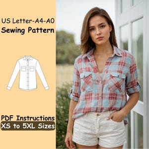 Puede incluir: Una mujer con una camisa a cuadros roja, azul y blanca con dos bolsillos en el pecho y mangas enrolladas. La imagen también incluye una ilustración de patrón de costura de la camisa y el texto "US Letter-A4-A0 Sewing Pattern" y "PDF Instructions XS to 5XL Sizes."