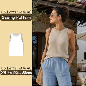 Puede incluir: Un patrón de costura para una camiseta sin mangas con cuello redondo, con el texto US Letter-A4-A0 Sewing Pattern y US Letter-A4-A0 XS to 5XL Sizes. El diseño incluye un dibujo técnico de la prenda y una camiseta de tirantes beige acanalada.