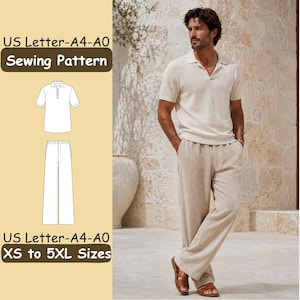 May include: A sewing pattern for a short-sleeved polo shirt and long trousers, featuring text US Letter-A4-A0 Sewing Pattern and US Letter-A4-A0 XS to 5XL Sizes. The illustration shows a beige polo shirt and matching loose-fitting trousers.