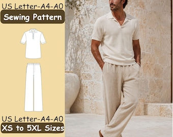 May include: A sewing pattern for a short-sleeved polo shirt and long trousers, featuring text US Letter-A4-A0 Sewing Pattern and US Letter-A4-A0 XS to 5XL Sizes. The illustration shows a beige polo shirt and matching loose-fitting trousers.