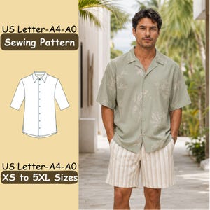 May include: A sewing pattern for a short-sleeved button-down shirt with US Letter, A4, and A0 formats in sizes XS to 5XL. The image displays a technical line drawing of the shirt alongside a photograph of the shirt in sage green with a leaf print.