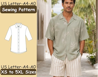 May include: A sewing pattern for a short-sleeved button-down shirt with US Letter, A4, and A0 formats in sizes XS to 5XL. The image displays a technical line drawing of the shirt alongside a photograph of the shirt in sage green with a leaf print.