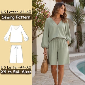 May include: A sage green two-piece set consisting of a long-sleeve V-neck top and drawstring shorts. The image includes a technical line drawing of the garment and text stating US Letter-A4-A0 Sewing Pattern and XS to 5XL Sizes.
