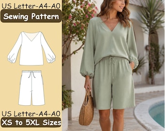 May include: A sage green two-piece set consisting of a long-sleeve V-neck top and drawstring shorts. The image includes a technical line drawing of the garment and text stating US Letter-A4-A0 Sewing Pattern and XS to 5XL Sizes.