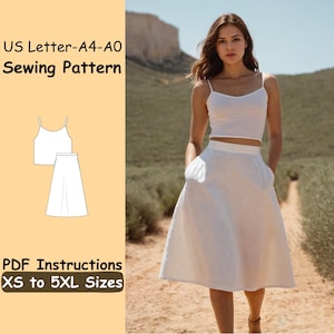Summer Skirt and Top Sewing Pattern - Linen Maxi Outfit Set for Girls Beginner Pattern - DIY Maxi Linen Skirt Pattern - Straps Top Pattern