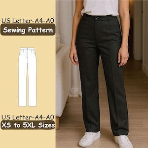 Puede incluir: Una persona lleva pantalones grises oscuros y zapatillas blancas. La imagen incluye una ilustración del patrón de costura de los pantalones y el texto "US Letter-A4-A0 Sewing Pattern" y "XS to 5XL Sizes".