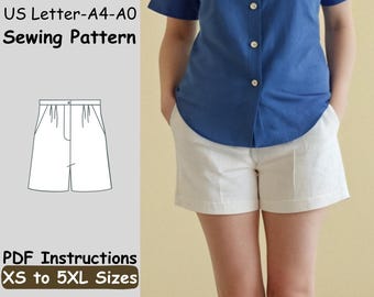 Jamaica Shorts Sewing Pattern - High Waist Button Shorts Pattern - Summer Pockets Shorts for Girls Beginner Sewing Instructions