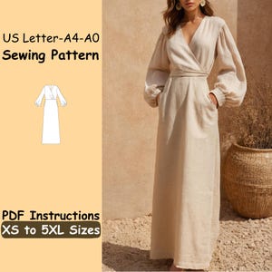 Könnte beinhalten: Ein beiges Wickelkleid mit langen, voluminösen Ärmeln und Taschen. Das Kleid hat einen V-Ausschnitt und einen Taillengürtel. Der Text auf dem Bild lautet "US Letter-A4-A0 Sewing Pattern" und "PDF Instructions XS to 5XL Sizes".