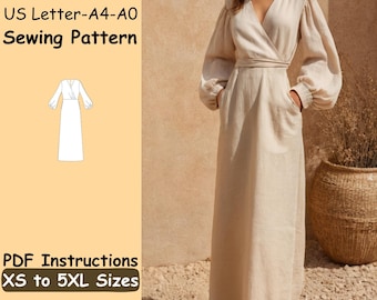 A Line Wrap Dress Sewing Pattern - Women Maxi Linen Dress Digital Pattern -  Bishop Long Sleeve Dress Instant Download PDF Pattern - Etsy