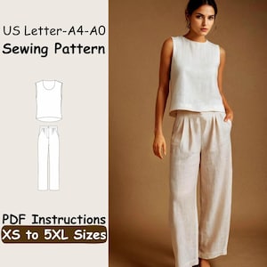 Linen Top and Pants Sewing Pattern - Summe DIY Basic Set Beginner Pattern - Tank Top PDF Instructions - Casual Pockets Pants Sewing Pattern