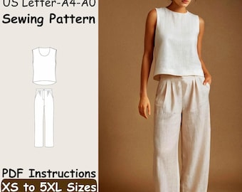 Linen Top and Pants Sewing Pattern - Summe DIY Basic Set Beginner Pattern - Tank Top PDF Instructions - Casual Pockets Pants Sewing Pattern