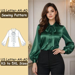 May include: A woman wearing a dark green satin blouse with a bow at the neck and long sleeves. The blouse is paired with black pants. The image also includes a sewing pattern illustration and text that reads "US Letter-A4-A0 Sewing Pattern" and "XS to 5XL Sizes."