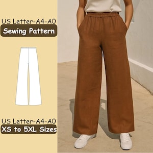 Puede incluir: Un patrón de costura para pantalones de pernera ancha en tallas XS a 5XL. La imagen muestra a una persona con pantalones marrones de pernera ancha y zapatillas blancas. El patrón incluye un dibujo lineal de los pantalones. El texto en la imagen dice "US Letter-A4-A0 Sewing Pattern" y "XS to 5XL Sizes."