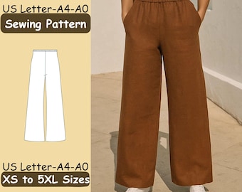 Mönster för vida byxor, resår i midjan med sidofickor, storlekar XS till 5XL, byxor med avslappnad passform, gör-det-själv