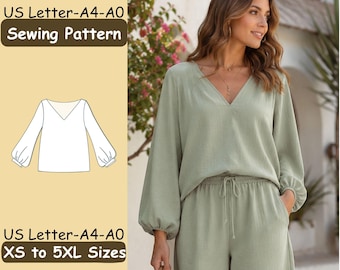 May include: A sewing pattern for a long-sleeved top with a V-neckline and gathered cuffs, available in sizes XS to 5XL. The pattern includes US Letter, A4, and A0 formats, displayed alongside a sage green top and matching pants set.