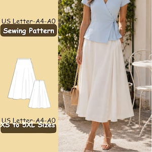 May include: A sewing pattern for a skirt, available in US Letter, A4, and A0 formats, featuring sizes XS to 5XL. The image displays a technical line drawing of a flared skirt alongside a photograph of a person wearing a light blue wrap top and a long white skirt.