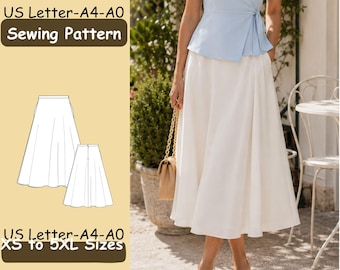 May include: A sewing pattern for a skirt, available in US Letter, A4, and A0 formats, featuring sizes XS to 5XL. The image displays a technical line drawing of a flared skirt alongside a photograph of a person wearing a light blue wrap top and a long white skirt.