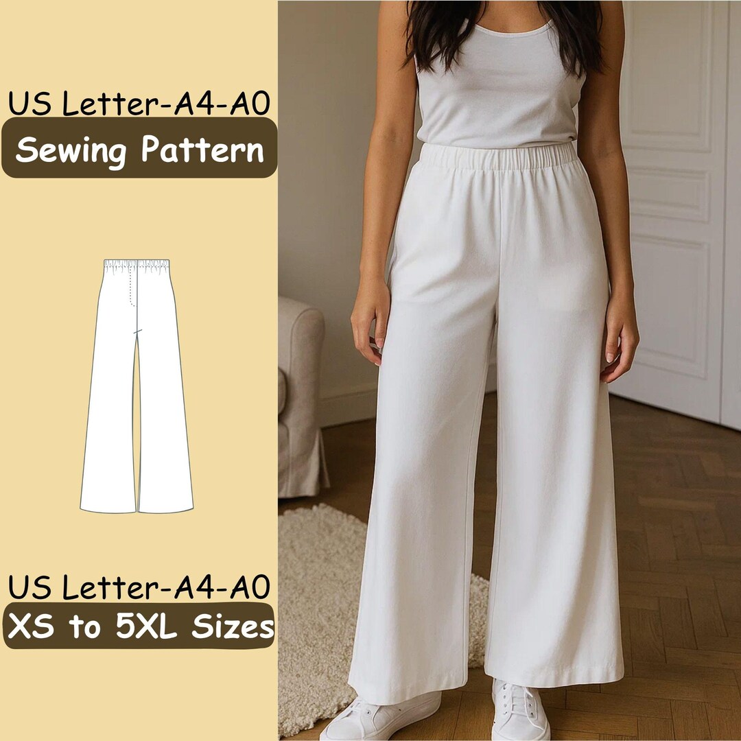 Wide Leg Pants Sewing Pattern, Elastic Waist Relaxed Fit, Beginner ...