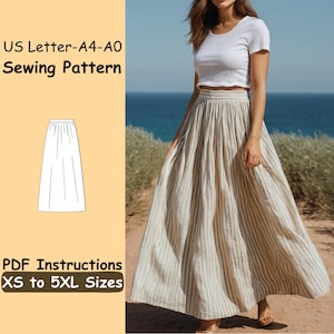 May include: A woman wearing a white crop top and a long, striped skirt. The skirt is beige with vertical white stripes. Text on the left reads "US Letter-A4-A0 Sewing Pattern" and "PDF Instructions XS to 5XL Sizes."